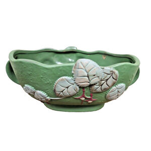 Roseville Pottery Fuchsia Green Handled Basket, Bowl Or Planter 351-10